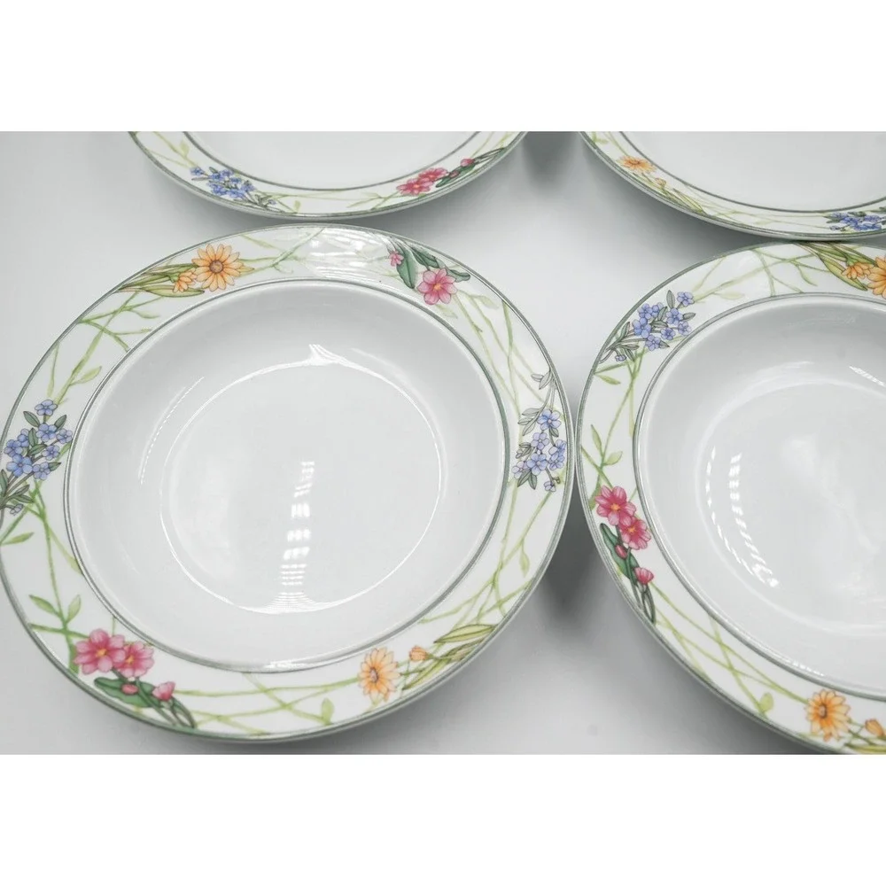Dansk Cafe Floral Rimmed Soup Bowls Set of 4 Wildflower Porcelain 8.5 Inch